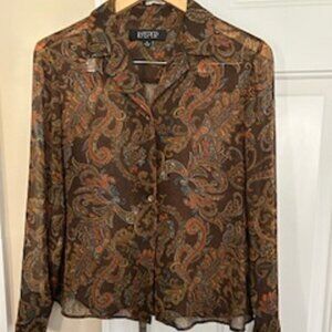 Women's Blouse Top Kasper Brown Multicolor Size 6 Long Sleeve Button Up Front